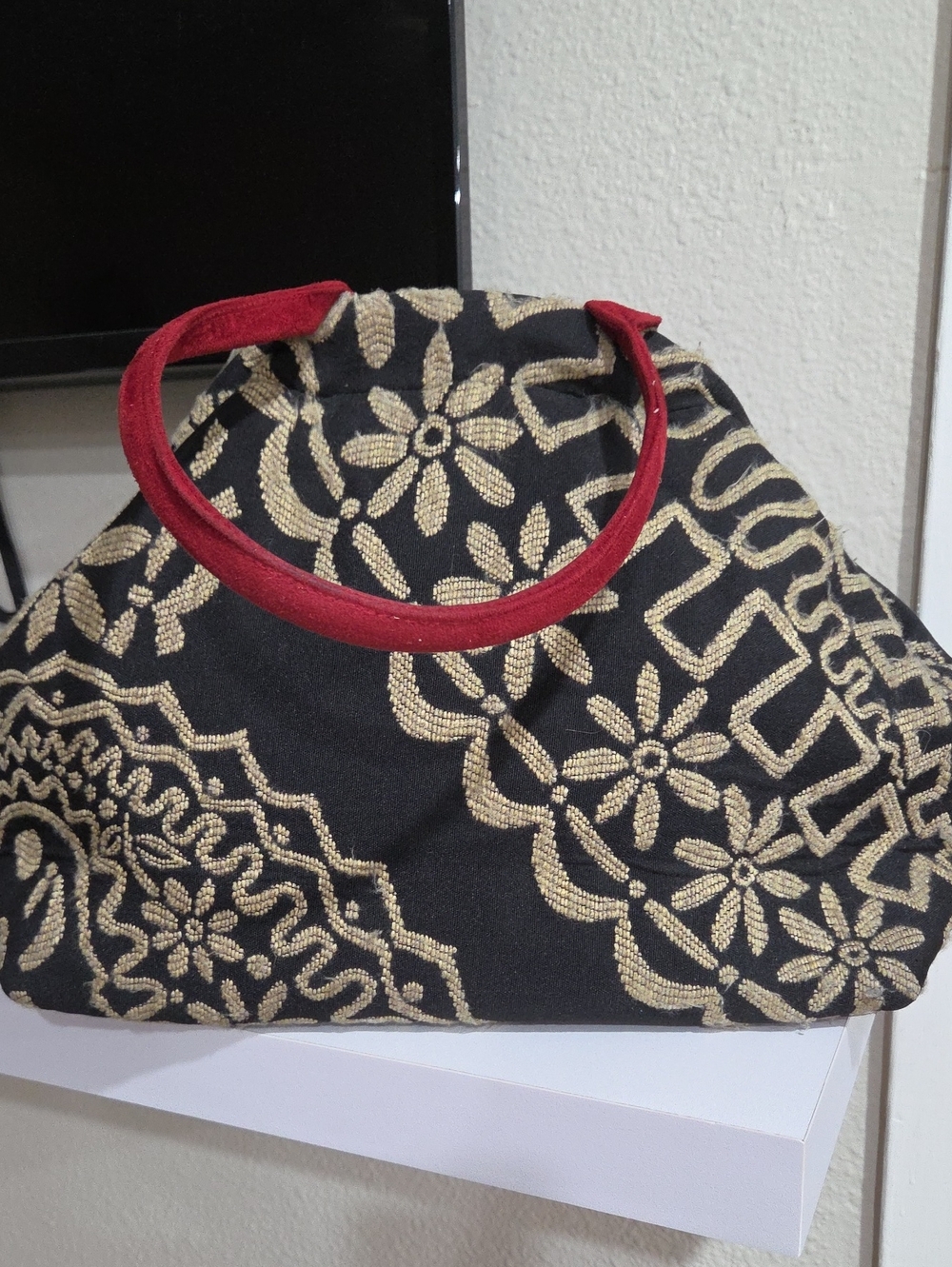 ATENTI Vintage Doctors Bag Black and Gold Floral Tote with Red Handles